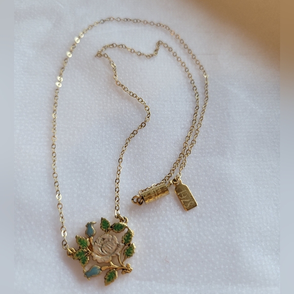 Vintage 1928 Gold Enamel Floral Pendant Necklace - Picture 4 of 11